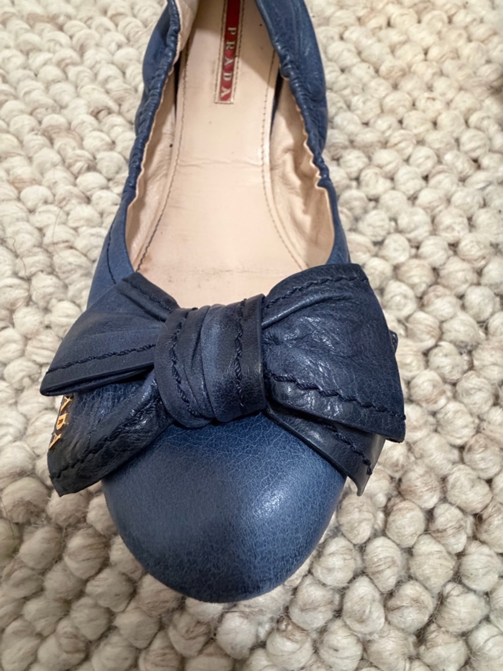 Prada Navy Leather Bow Ballet Flats - Picture 2 of 5